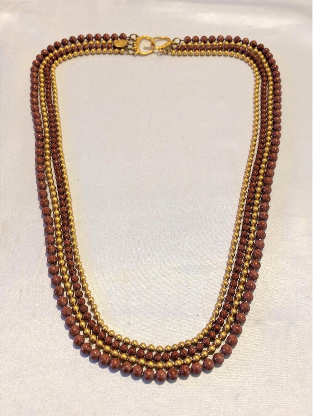 Vintage GEORGIOU Layered Beaded 4-Strand Necklace 27" Dark Mauve-Beige w/ Gold